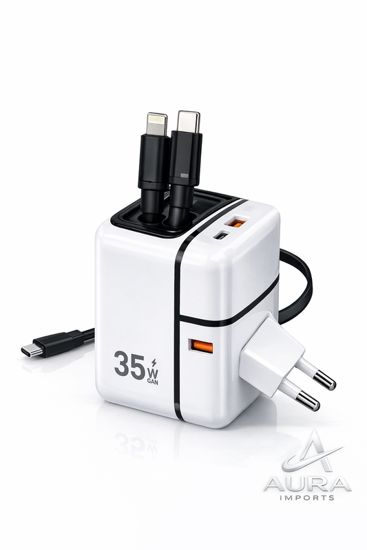Cargador GaN 35W con Cables Retráctiles Integrados – Carga Rápida Inteligente Multidispositivo