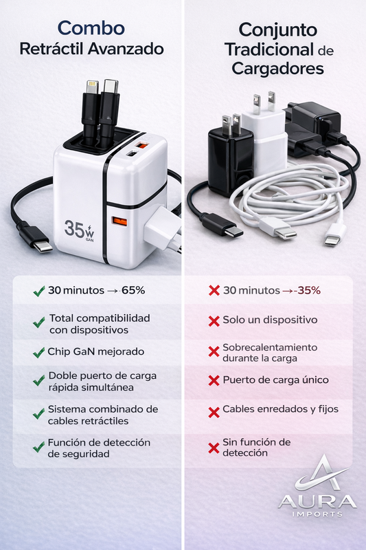 Cargador GaN 35W con Cables Retráctiles Integrados – Carga Rápida Inteligente Multidispositivo