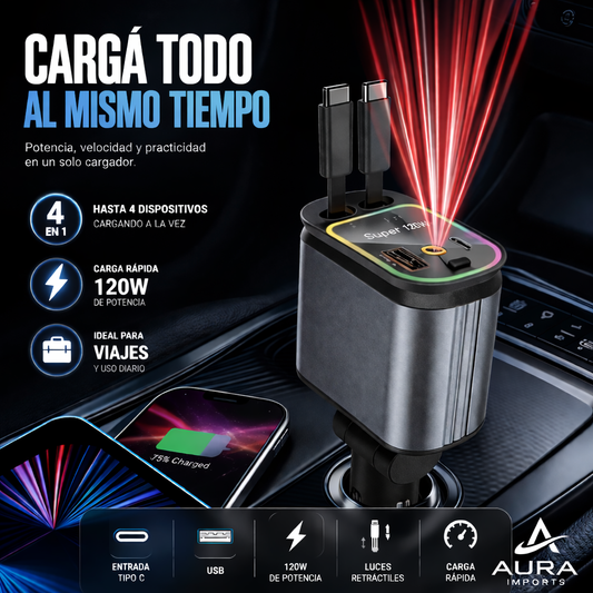 Cargador para Auto 120W con Cables Retráctiles y Pantalla Digital – Carga Rápida Inteligente