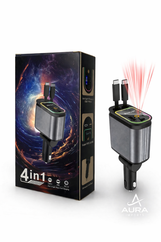 Cargador para Auto 120W con Cables Retráctiles y Pantalla Digital – Carga Rápida Inteligente