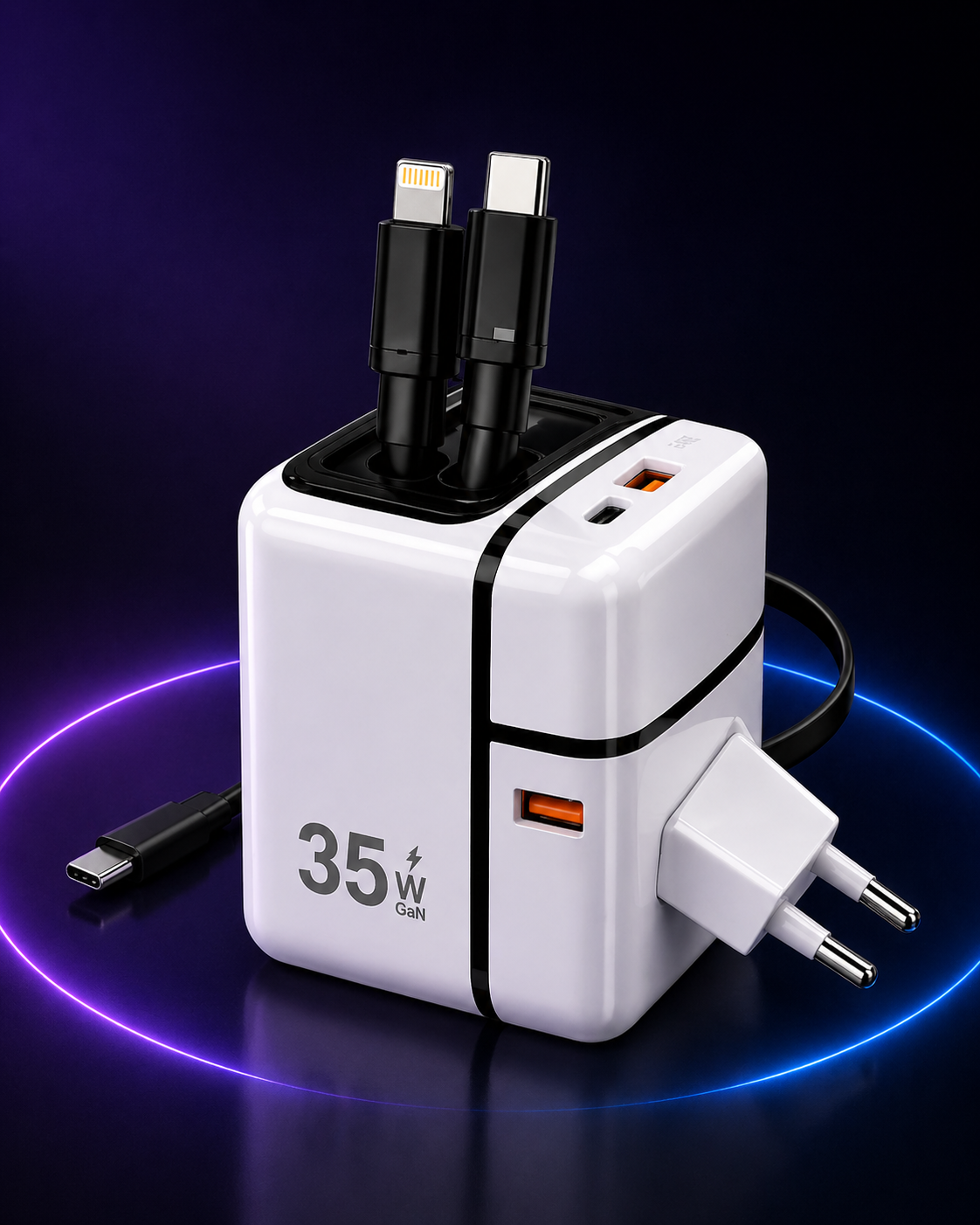Cargador 35W Compacto con Cables Integrados – Carga Rápida Inteligente