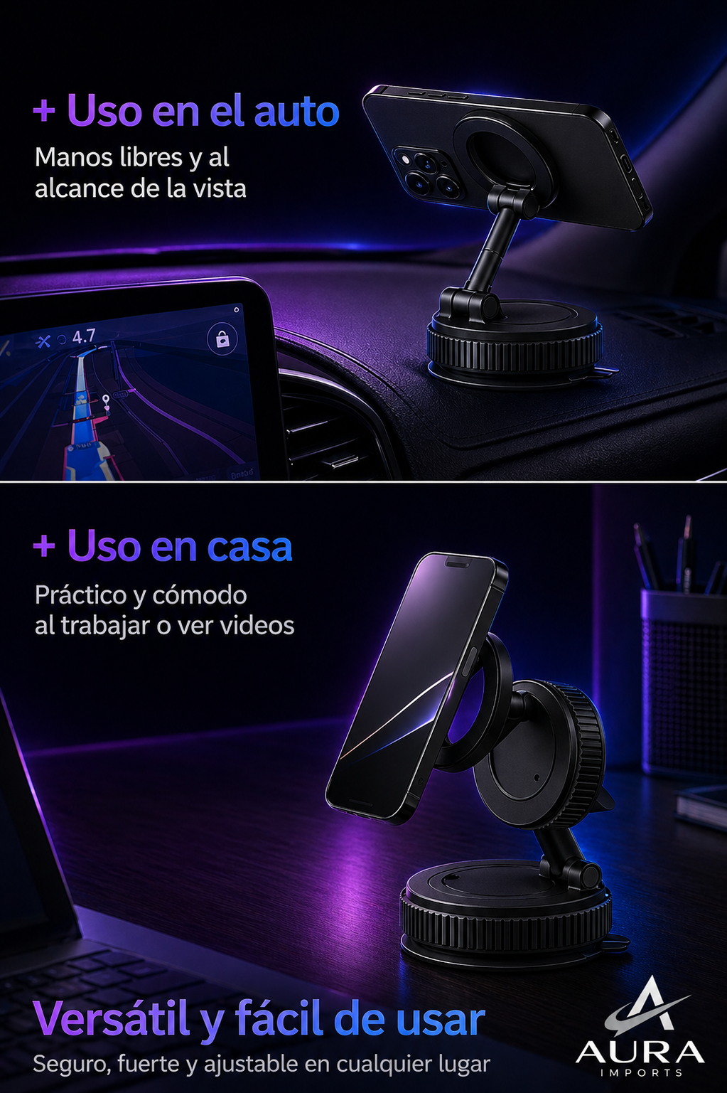 Soporte Magnético 360° para Celular – Fijación Ultra Fuerte + Base de Succión – Auto y Hogar