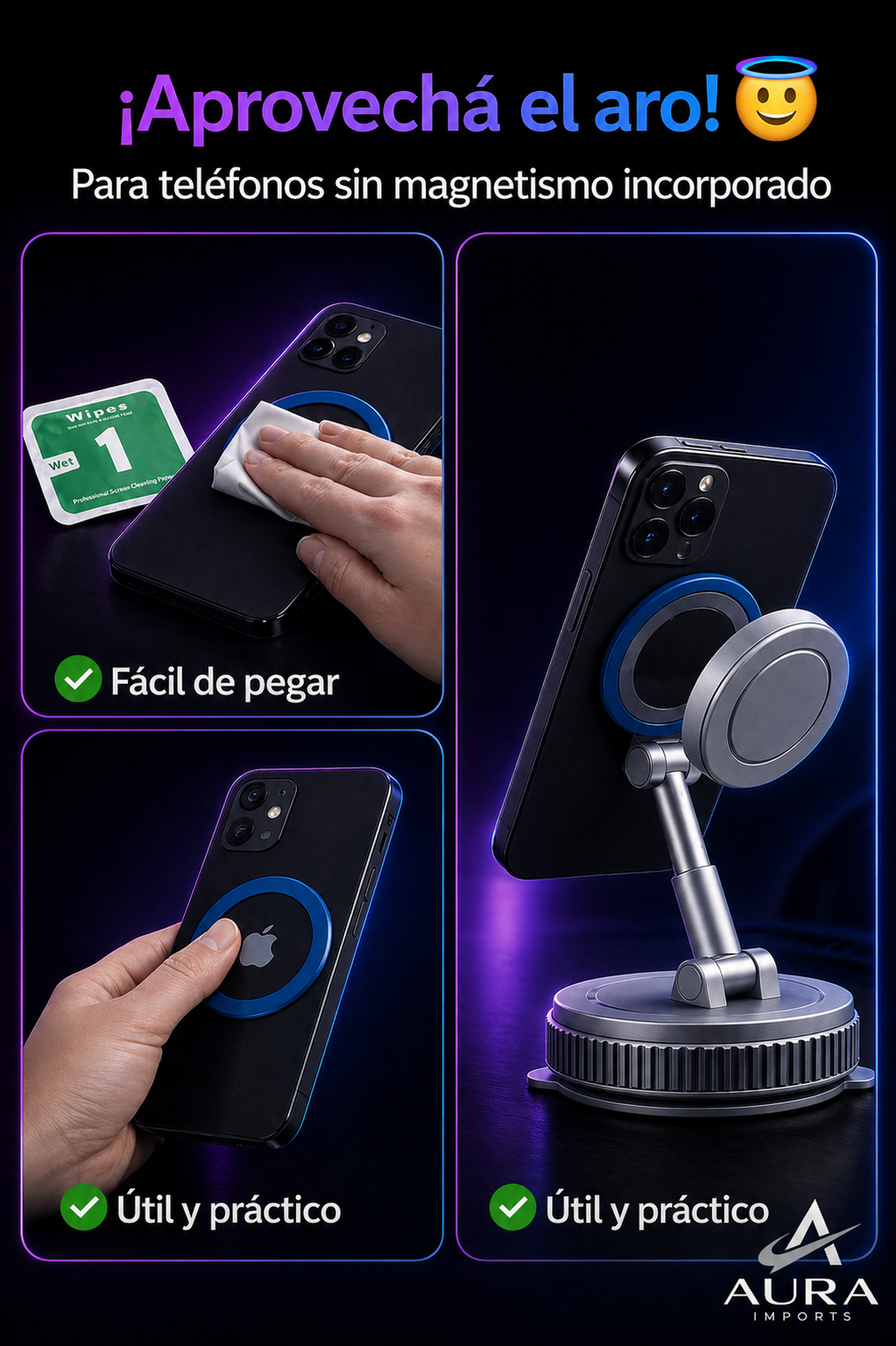 Soporte Magnético 360° para Celular – Fijación Ultra Fuerte + Base de Succión – Auto y Hogar