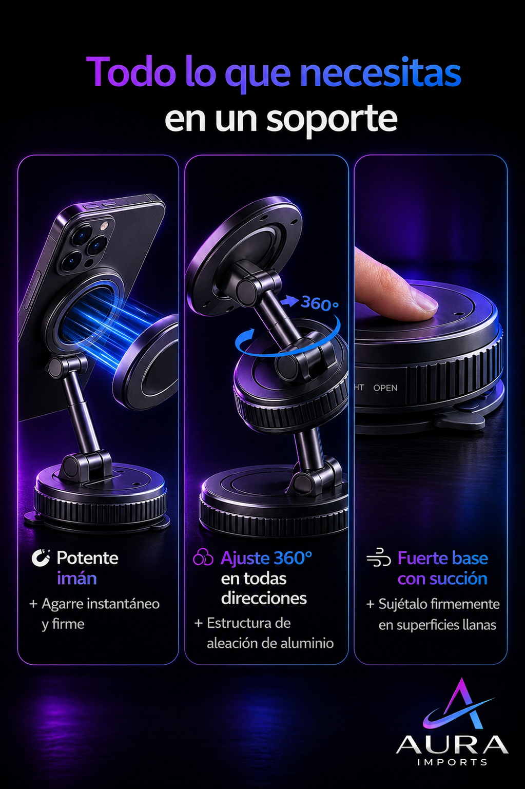 Soporte Magnético 360° para Celular – Fijación Ultra Fuerte + Base de Succión – Auto y Hogar