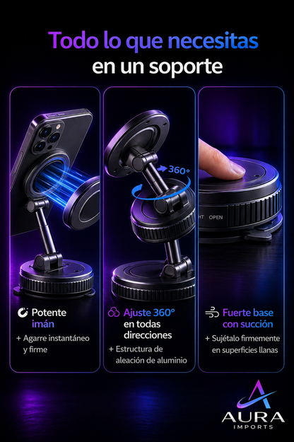 Soporte Magnético 360° para Celular – Fijación Ultra Fuerte + Base de Succión – Auto y Hogar