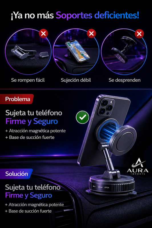 Soporte Magnético 360° para Celular – Fijación Ultra Fuerte + Base de Succión – Auto y Hogar