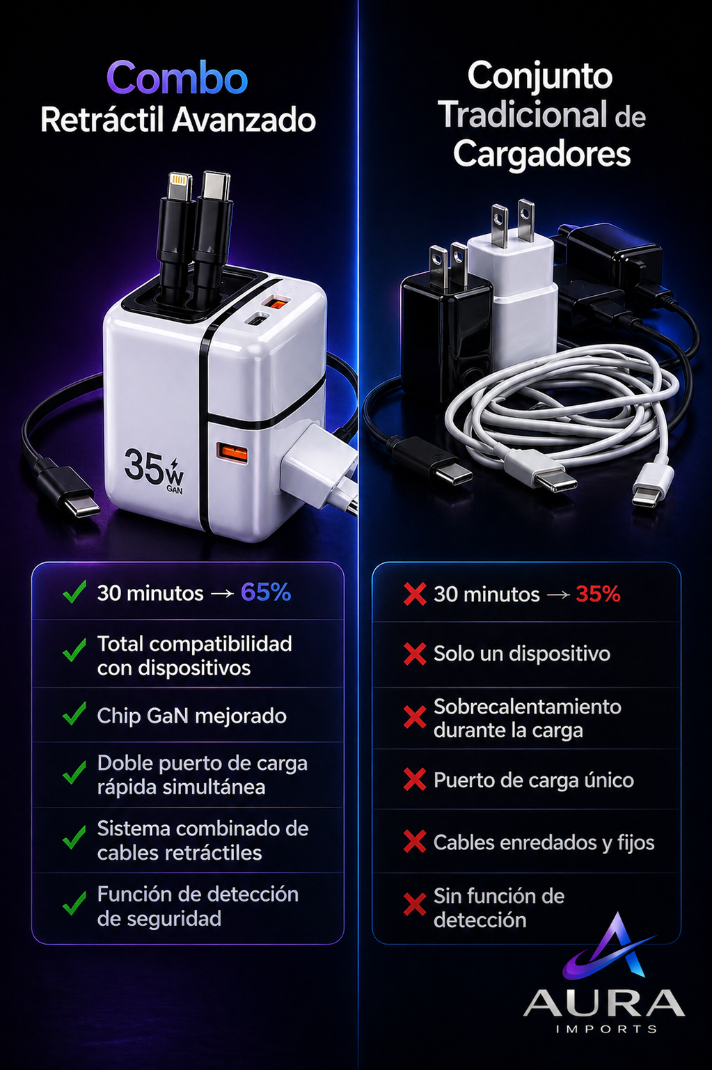 Cargador 35W Compacto con Cables Integrados – Carga Rápida Inteligente