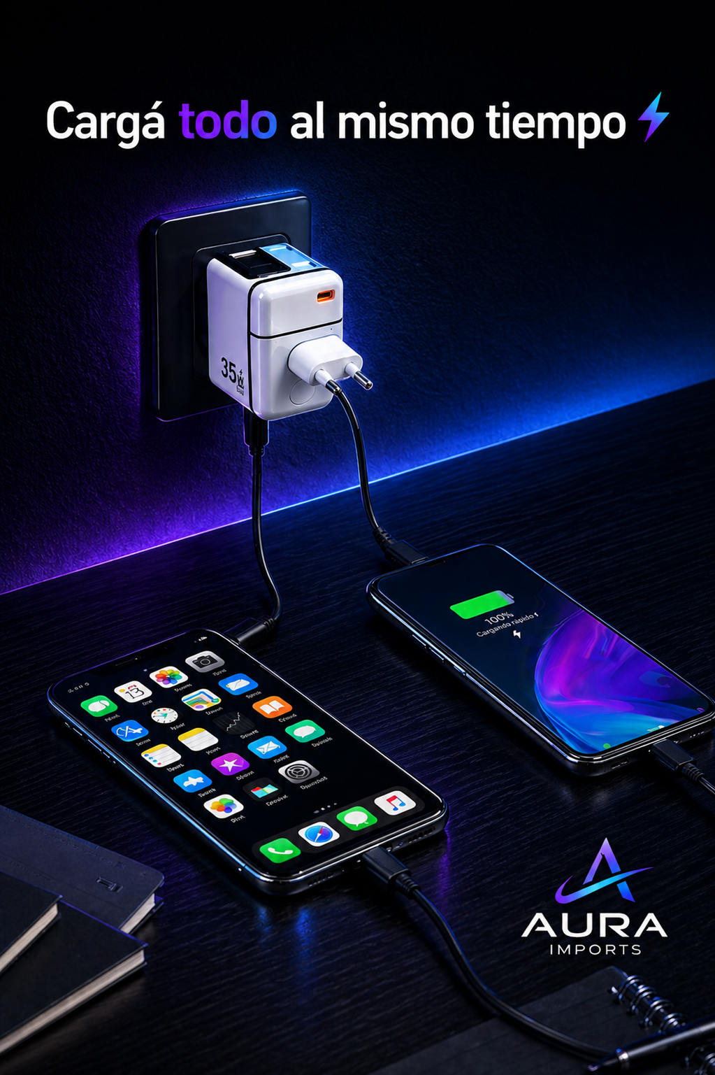 Cargador 35W Compacto con Cables Integrados – Carga Rápida Inteligente