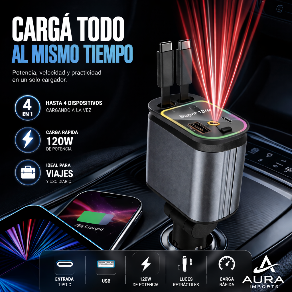 Cargador Rápido para Auto 120W con Pantalla Digital – Carga Ultra Potente y Segura